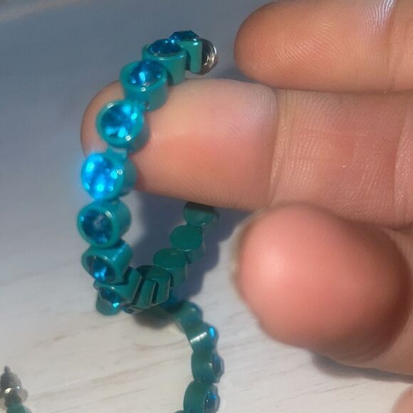Teal Colored Rhinestone Hoop Earrings - Picture 6 of 11